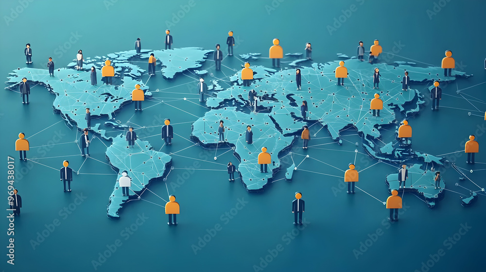 Poster a stylized world map with figures representing people connected by lines.