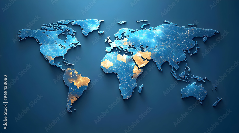 Aufkleber a stylized world map with glowing connections, representing global networks and technology.