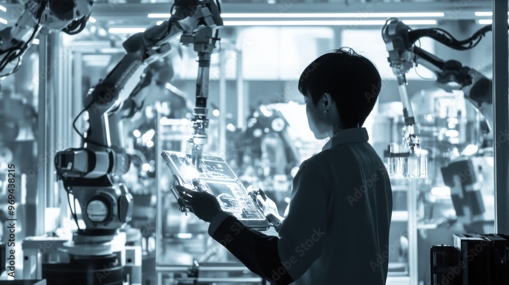Poster engineer interacting with robotic arm using touchscreen