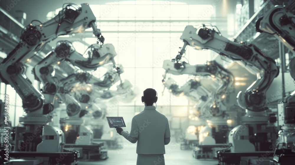 Poster engineer analyzing large robotic machinery in factory