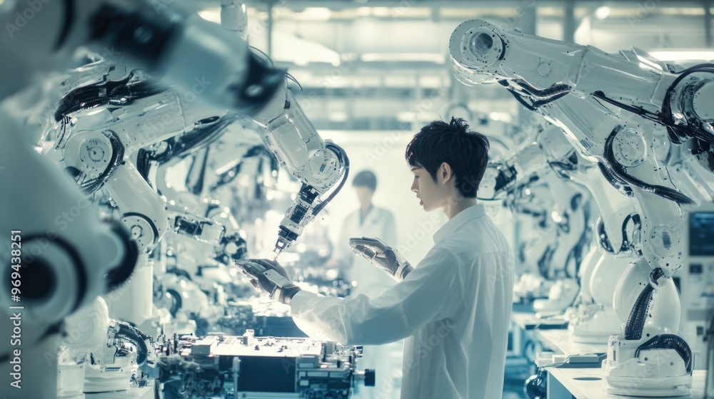 Poster technician working with robotic arms in factory lab