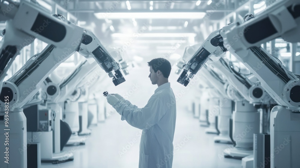 Poster robotic engineer testing high-tech machinery in laboratory