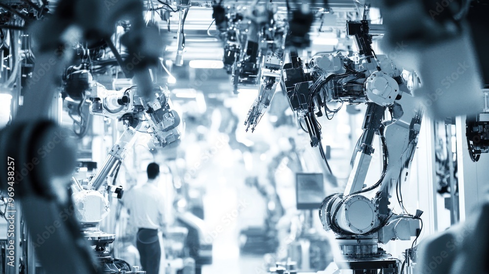 Poster engineer overseeing advanced robotic systems in factory