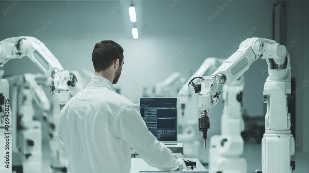 Poster technician managing robotic arms with computer in facility.
