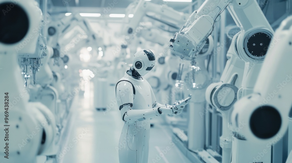 Poster robot interacting with automated machinery in facility.
