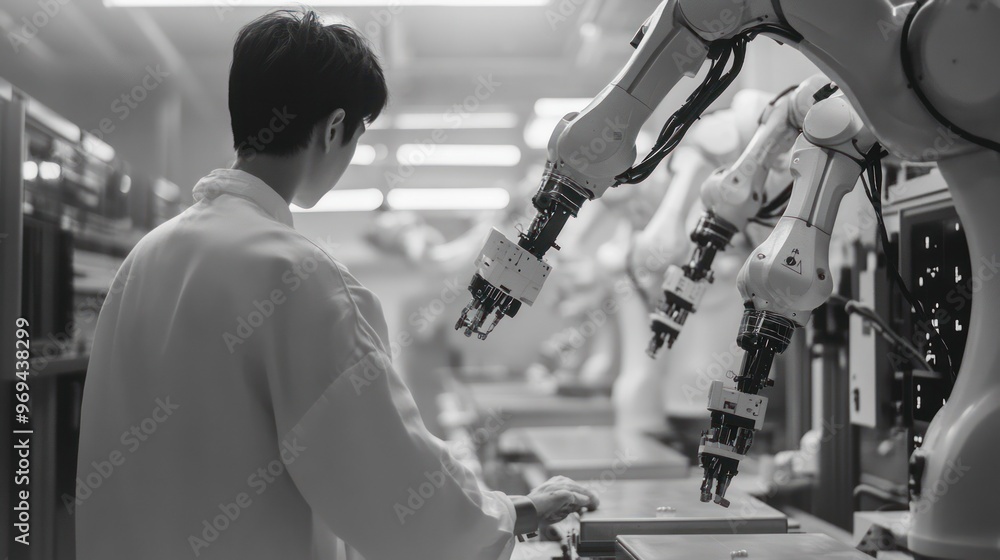 Poster engineer operating robotic arms in modern factory lab.