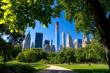 Manhattan skyline framed by trees and paths in Central Park, showcasing the balance of nature and urban life