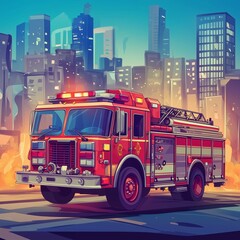 Red fire truck in action against a city backdrop with tall buildings and glowing emergency lights at dusk
