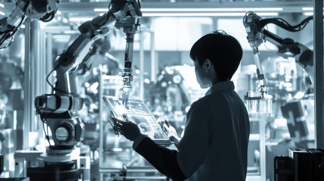 Engineer interacting with robotic arm using touchscreen