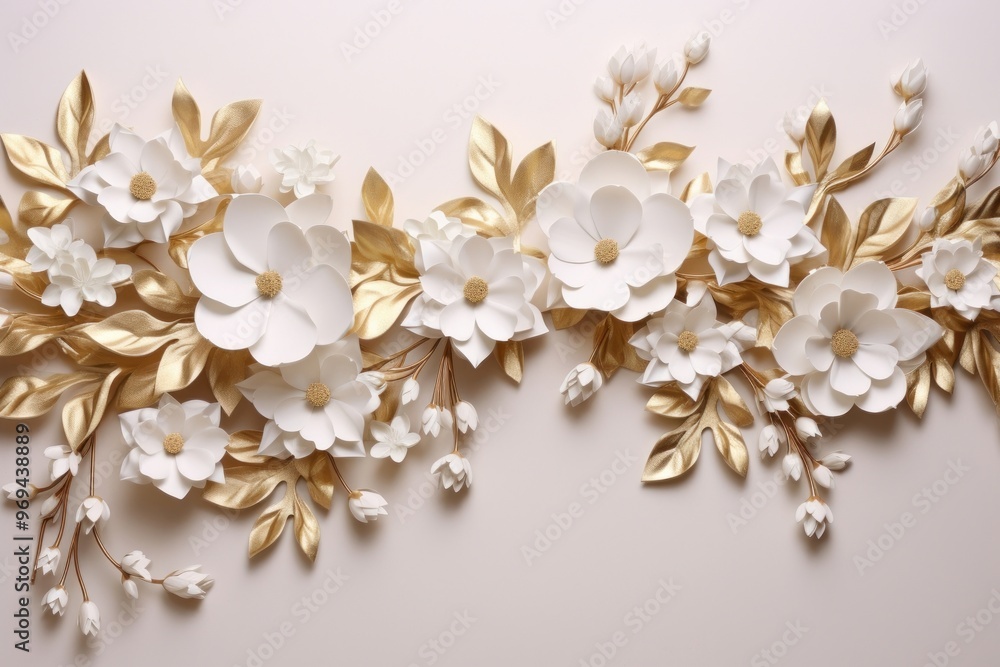 Wall mural white gold floral border jewelry flower art.