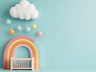 A whimsical nursery with a pastel rainbow crib, soft cloud-shaped lights, and playful star wall decals, Photorealistic, Dreamy and fun