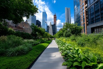 Fototapeta premium Manhattan skyline seen from the High Line, with modern architecture and lush green walkways stretching through the city