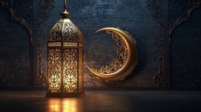 Islamic decoration background with lantern and crescent moon luxury style ramadan kareem mawlid iftar isra miraj eid al fitr adha muharram copy space text area 3D illustration.