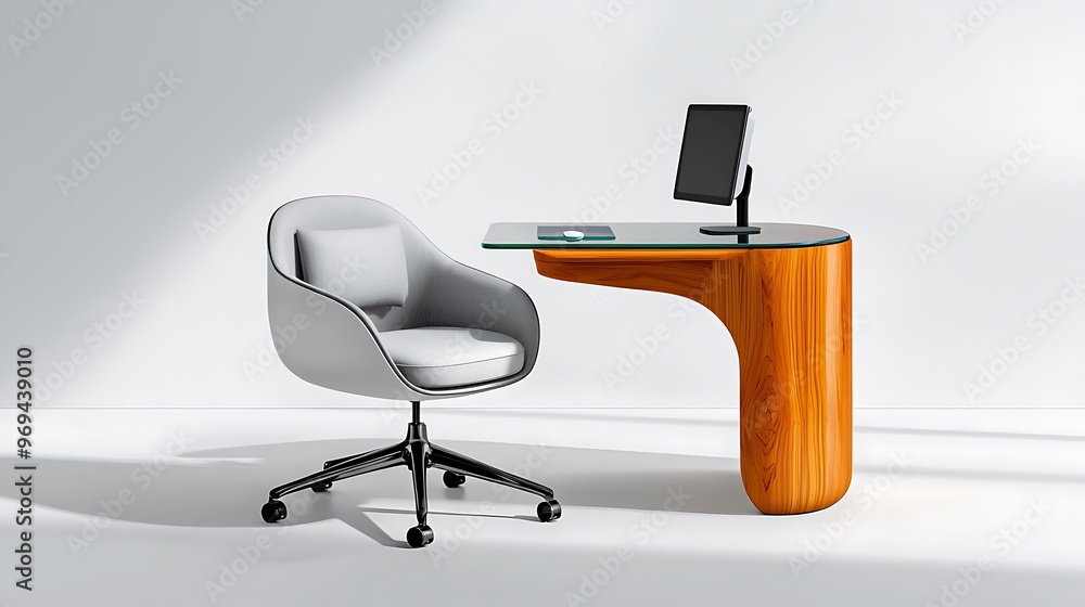 Poster a modern home office desk with a comfortable chair and a computer monitor offers an ideal setup for 
