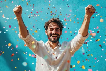Man celebrating with raised arms and confetti.