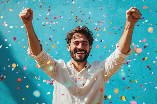 Man celebrating with raised arms and confetti.