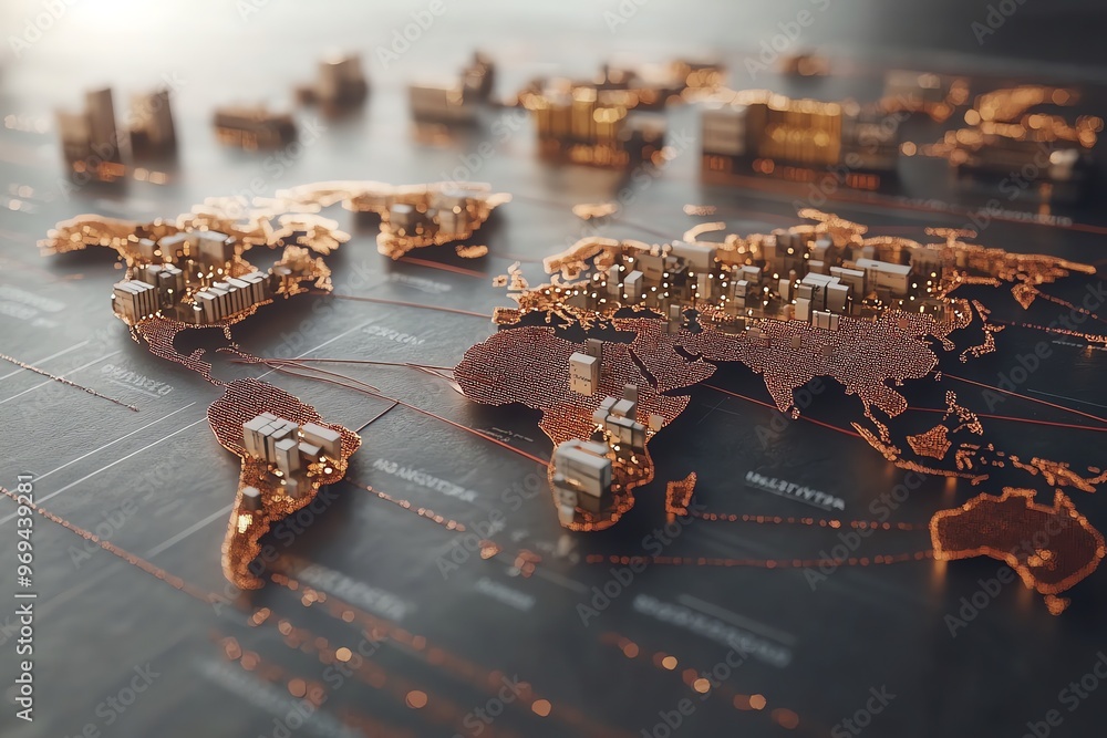 Poster a 3d illustration of the world map with various shipping containers arranged on it, with red lines s