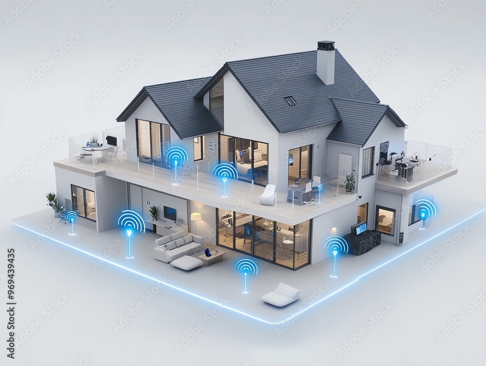 Poster a 3d model of a modern house with wifi signals surrounding it.