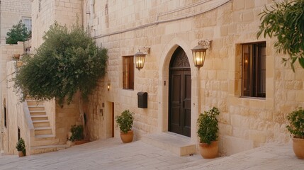 Fototapeta premium The warm glow of lanterns illuminates a charming old house doorway in Jerusalem at night, surrounded by stone walls and a cozy atmosphere