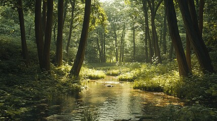 A hidden forest glade with a small stream running through, surrounded by tall trees