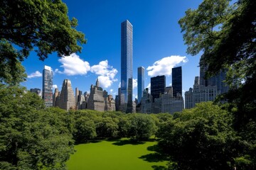 Fototapeta premium Manhattan view from Central Park, showcasing a mix of greenery and towering buildings in the distance