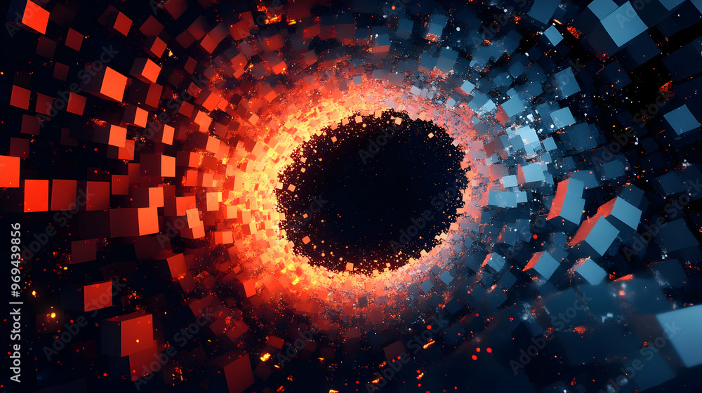 Poster a swirling vortex of colorful cubes creating a dynamic, abstract digital scene.