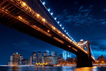 New York iconic landmark Brooklyn Bridge lit up at night with the Manhattan skyline in the background