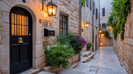 Naklejka premium The warm glow of lanterns illuminates a charming old house doorway in Jerusalem at night, surrounded by stone walls and a cozy atmosphere