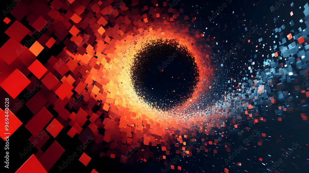 Poster a swirling vortex of red and blue pixels, creating a dynamic visual effect.