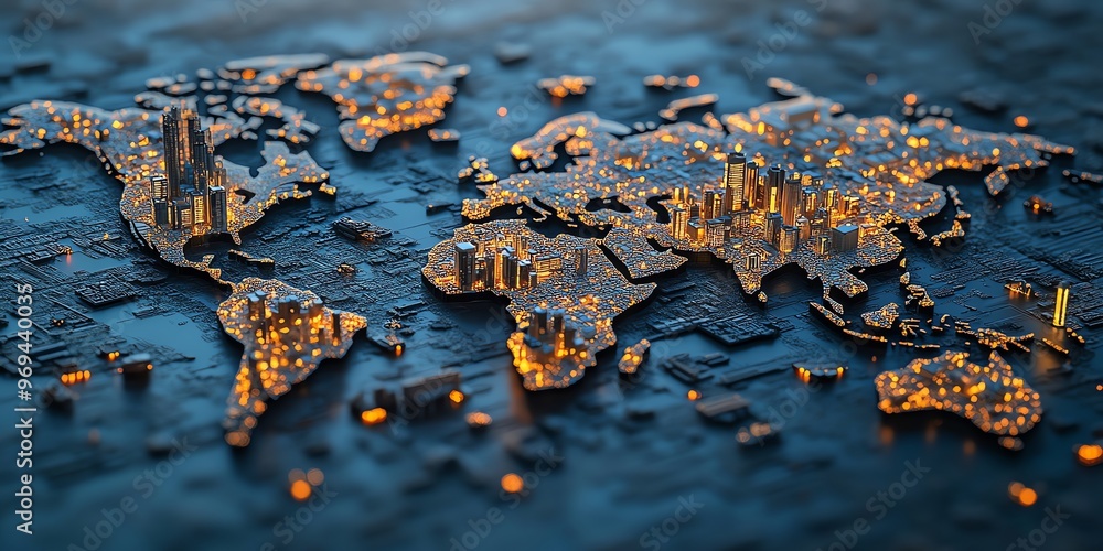 Poster A 3D render of the world map made of circuit boards with glowing cities and skyscrapers.