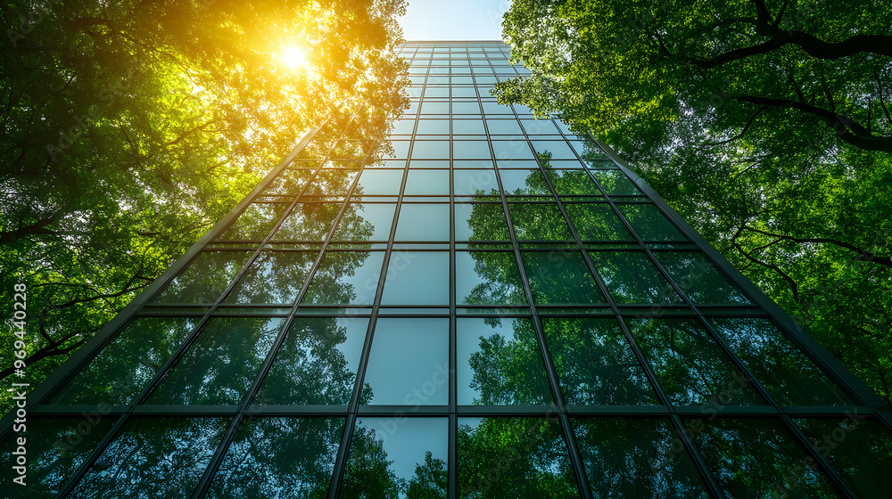 Canvas Prints A tall glass building surrounded by lush green trees, reflecting nature and sunlight.