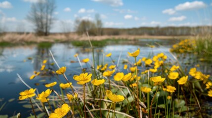 Fototapeta premium Yellow Flowers Blooming by a Serene River
