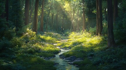 Fototapeta premium A hidden forest glade with a small stream running through, surrounded by tall trees