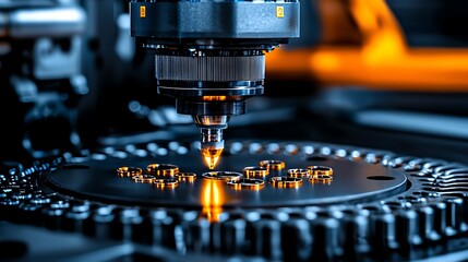 A CNC machine cuts metal with sparks flying, capturing the precision of high-tech manufacturing.