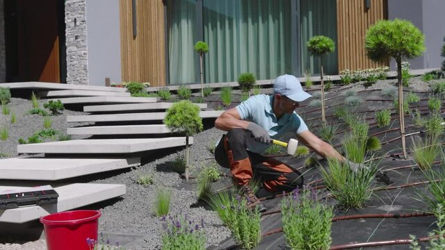 Professional Landscaping Worker Building Residential Garden with Drip Irrigation
