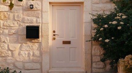 Fototapeta premium The warm glow of lanterns illuminates a charming old house doorway in Jerusalem at night, surrounded by stone walls and a cozy atmosphere