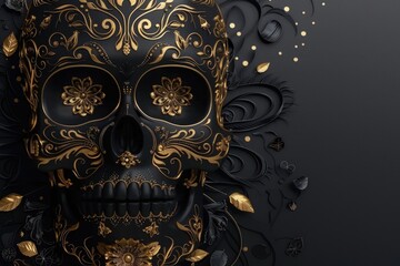 Black skull with gold filigree patterns, set against a dark background, representing luxury and intricate Day of the Dead craftsmanship. ai