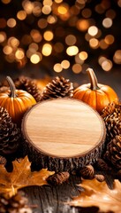 A Thanksgiving outdoor event in a forest clearing, with a wooden podium surrounded by pinecones, leaves, and pumpkins