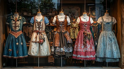 Fototapeta premium Traditional Bavarian dirndl dresses shine in a shop window, highlighting rich cultural craftsmanship.