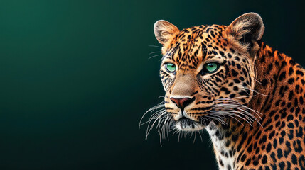 Close-up portrait of a leopard with striking green eyes against a dark green background with copy space.