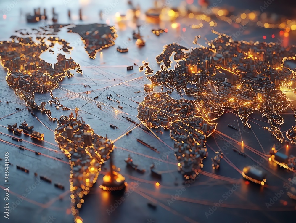 Aufkleber A 3D model of the world, illuminated by glowing lines and dots representing interconnected cities and continents.
