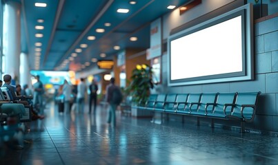 A tranquil airport terminal bustling with anticipation as travelers wait near vacant benches, surrounded by vibrant blue hues and warm lighting on a busy afternoon