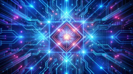 Obraz premium Abstract digital technology design with glowing circuits and central diamond shape on a vibrant background 