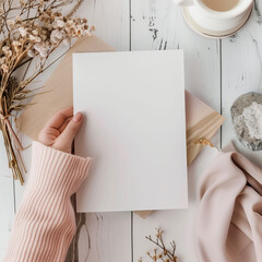 Mockup photo of a woman's hand holding a white paper. Autumn and Winter objects on the wooden table