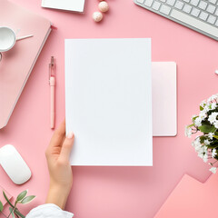 Mockup photo of a woman's hand holding a white paper. Decorations and office items in the pink shelf. 