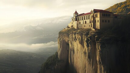 A hidden monastery perched on a cliffside with panoramic views of the surrounding landscape