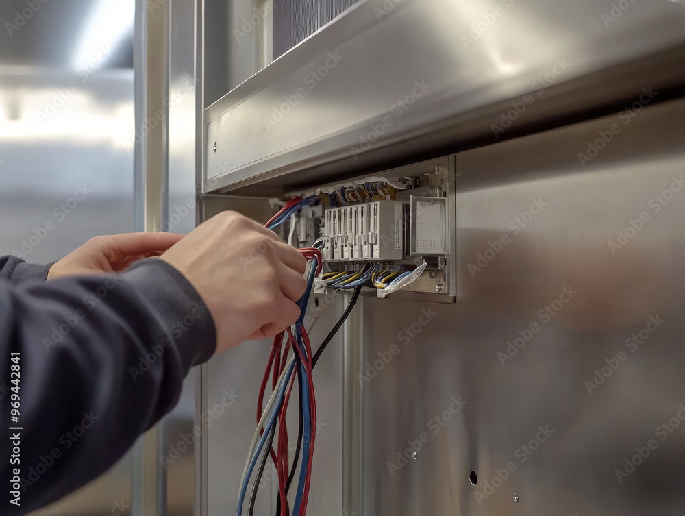 Poster hands on electrical installation in modern setting, showcasing person connecting wires to control pa