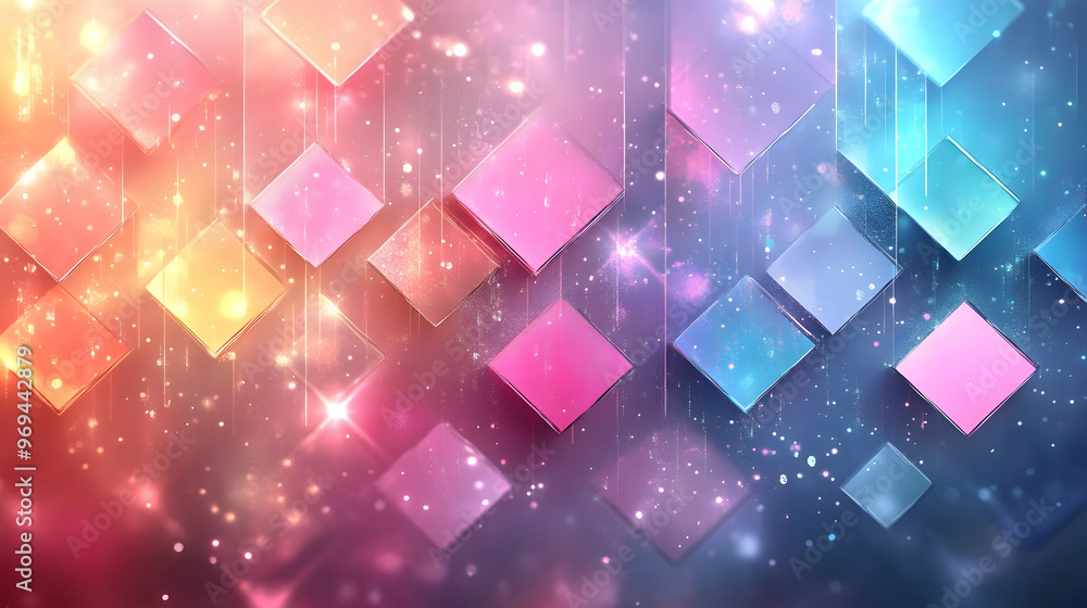 Poster a vibrant abstract background with colorful geometric shapes and sparkling effects.