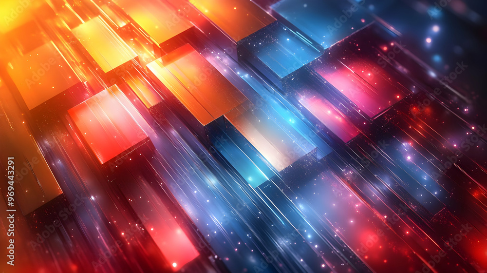 Poster a vibrant abstract design featuring colorful blocks and light effects.