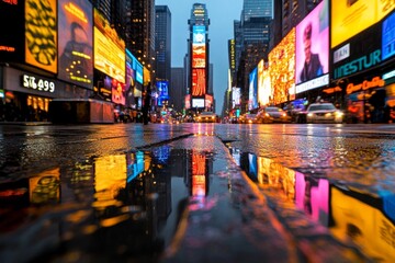 New York iconic landmark Times Squareâ€™s flashing lights and billboards during a rainy evening